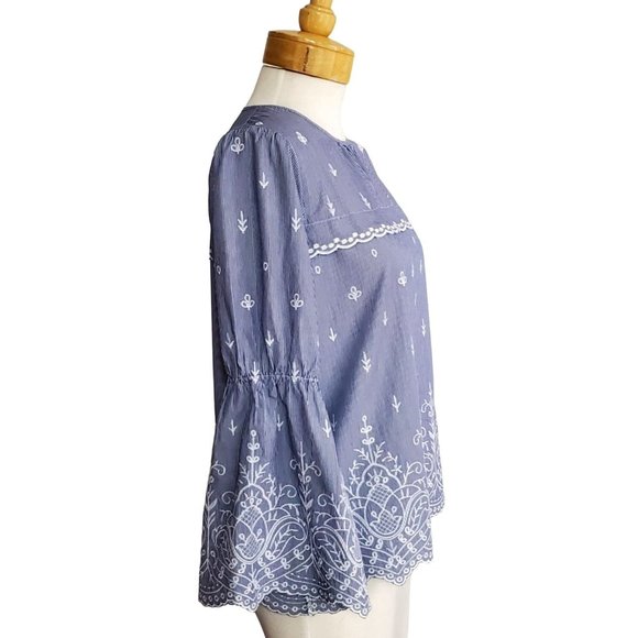 J. Crew Tunic Top Blue/White Pinstripe Embroidered Bell Sleeves Scalloped Sz S - Picture 4 of 8